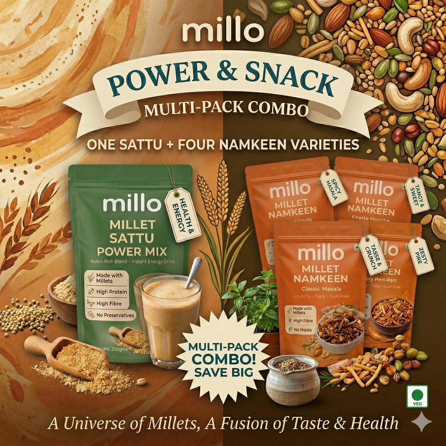 Millo Millet Sattu 500g + 4x Millet Namkeen 100g