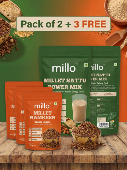 Millo Millet Sattu 500g (Pack of 2) + 3 FREE Millet Namkeen 100g